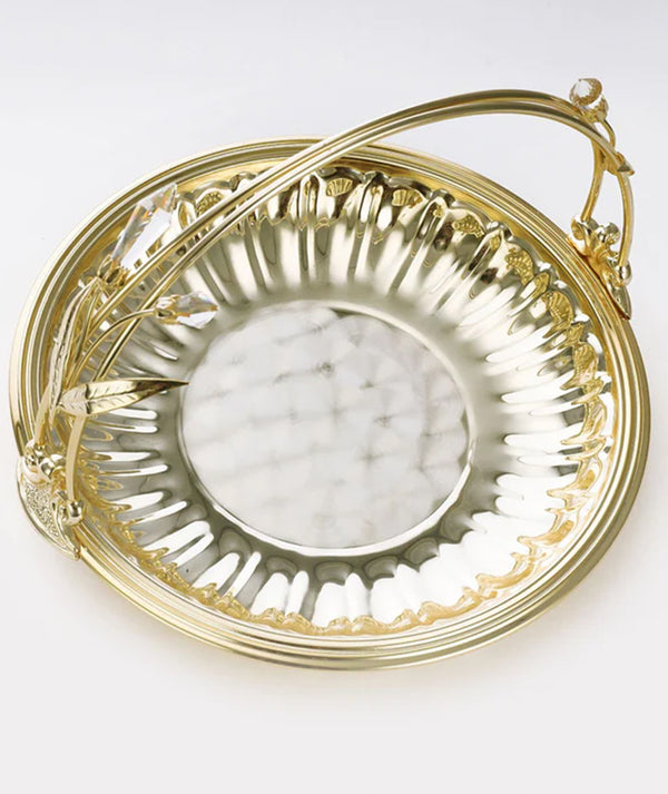 Gold Plated flat round basket with crystal on handle