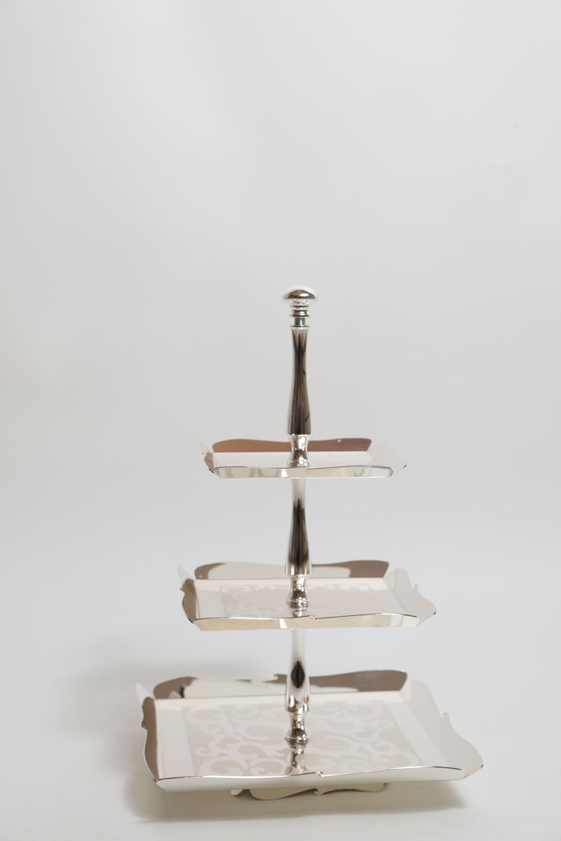 3 Tier Square Cake Stand Silver Tray