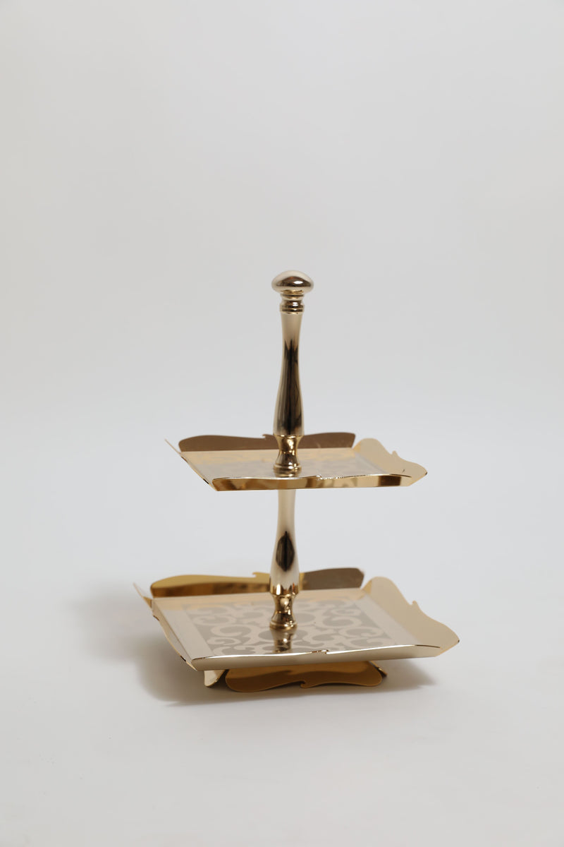 2 Tier Square Cake Stand Gold Tray