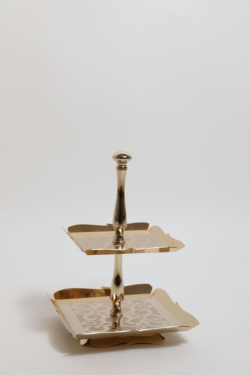 2 Tier Square Cake Stand Gold Tray