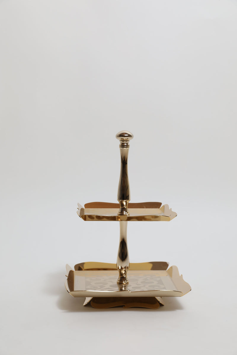 2 Tier Square Cake Stand Gold Tray