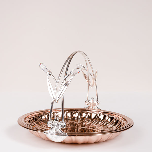 Rose Gold Plated Flat Round Basket with Crystal on Handle