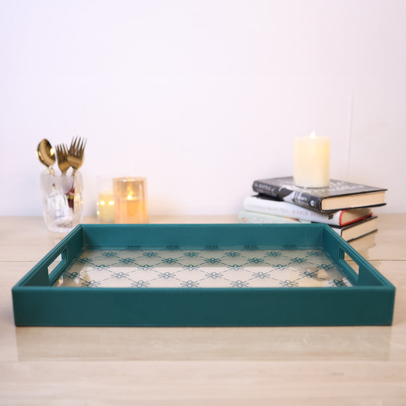 Green Leather and Glass Tray