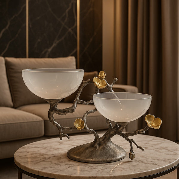 Dual bowl with sculpted branches