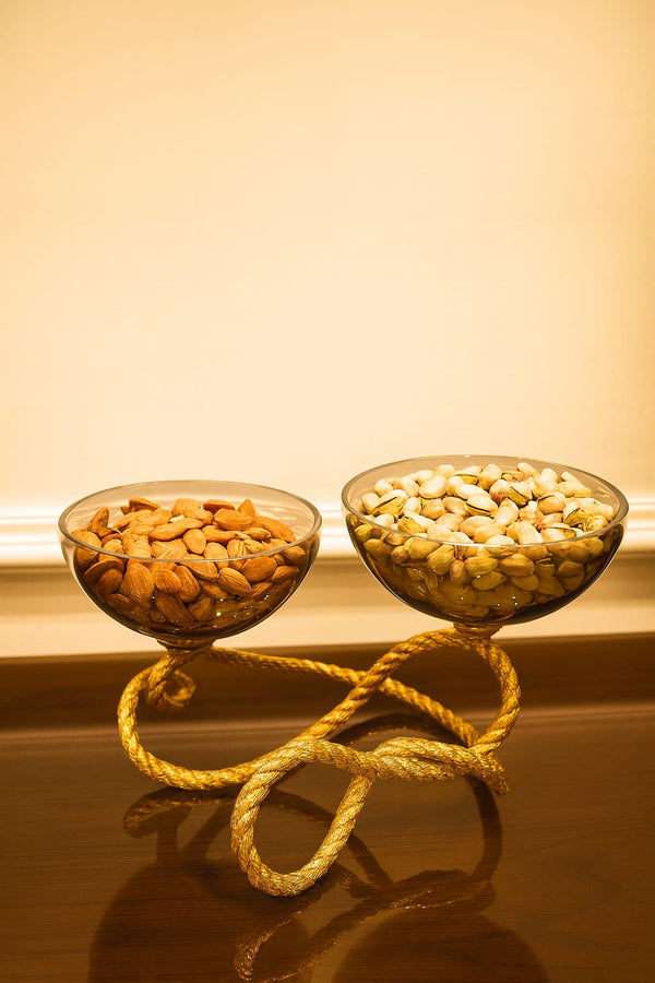 Dual-bowl with Gold rope base