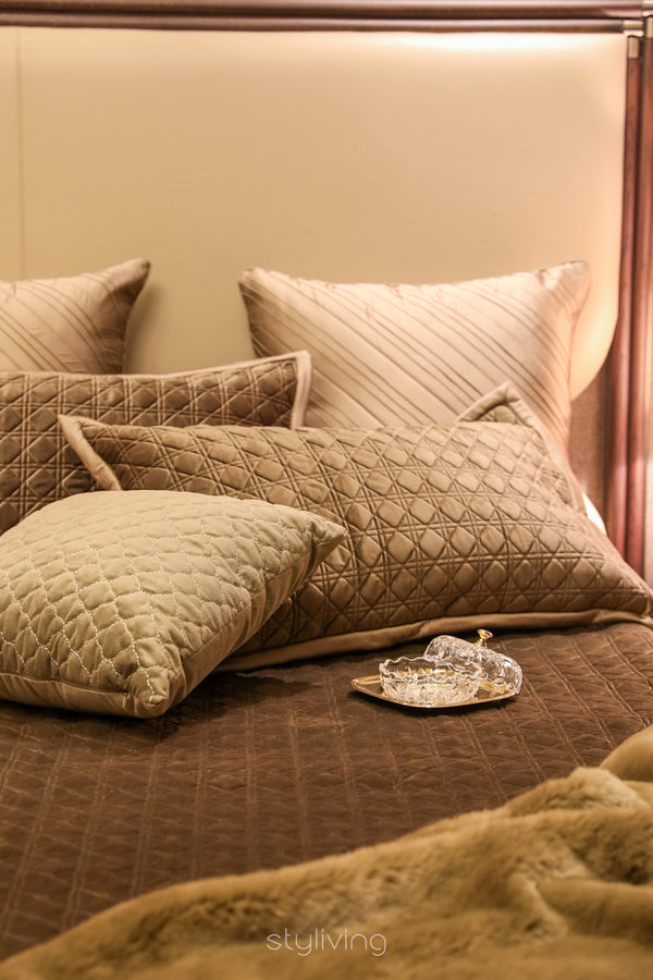 Brown and Champagne Quilted Velvet Bed Set