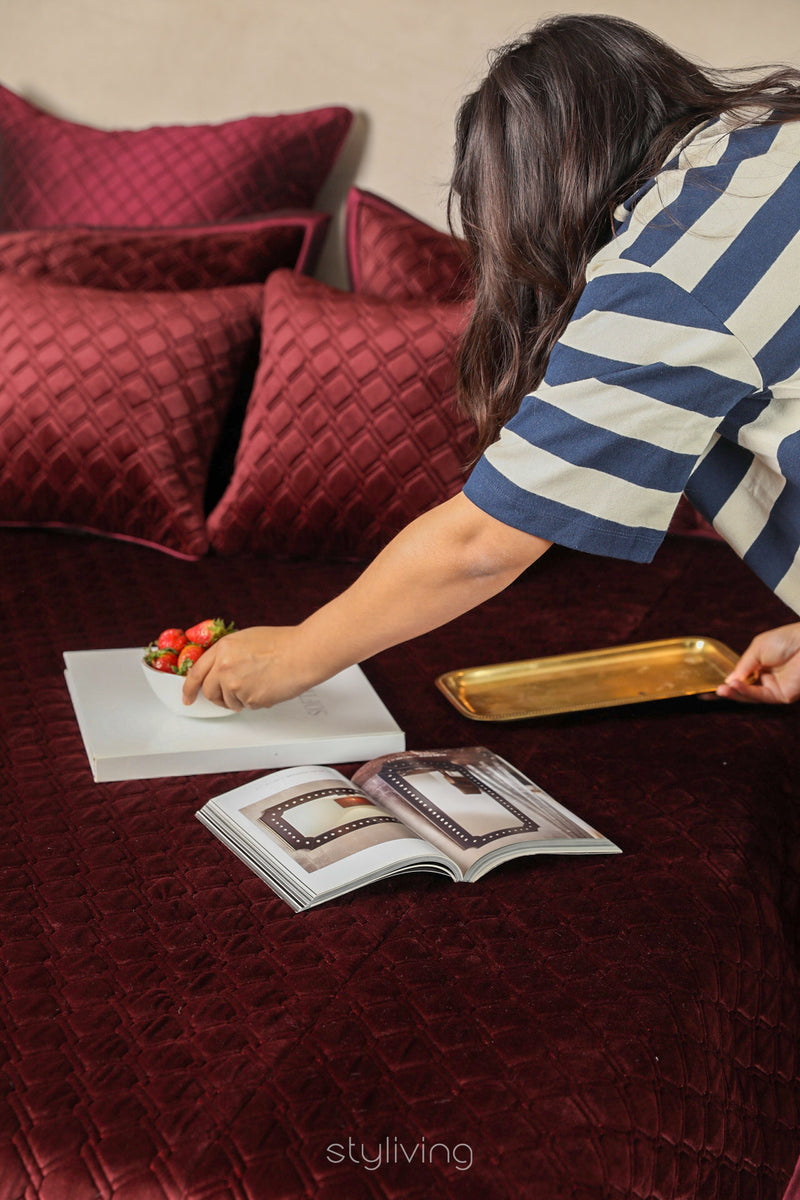 Red Quilted Velvet Bed Set