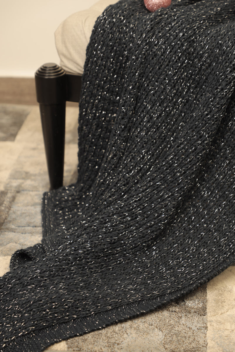 Knitted Navy Blue Throw with Silver Thread
