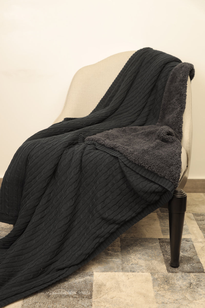 Knitted Navy Blue Throw with Sherpa Back