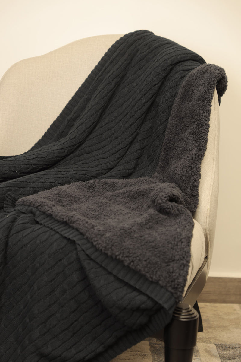 Knitted Navy Blue Throw with Sherpa Back