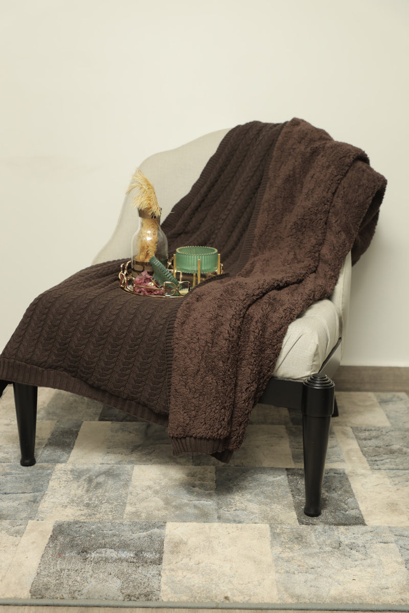 Knitted Brown Throw with Sherpa Back