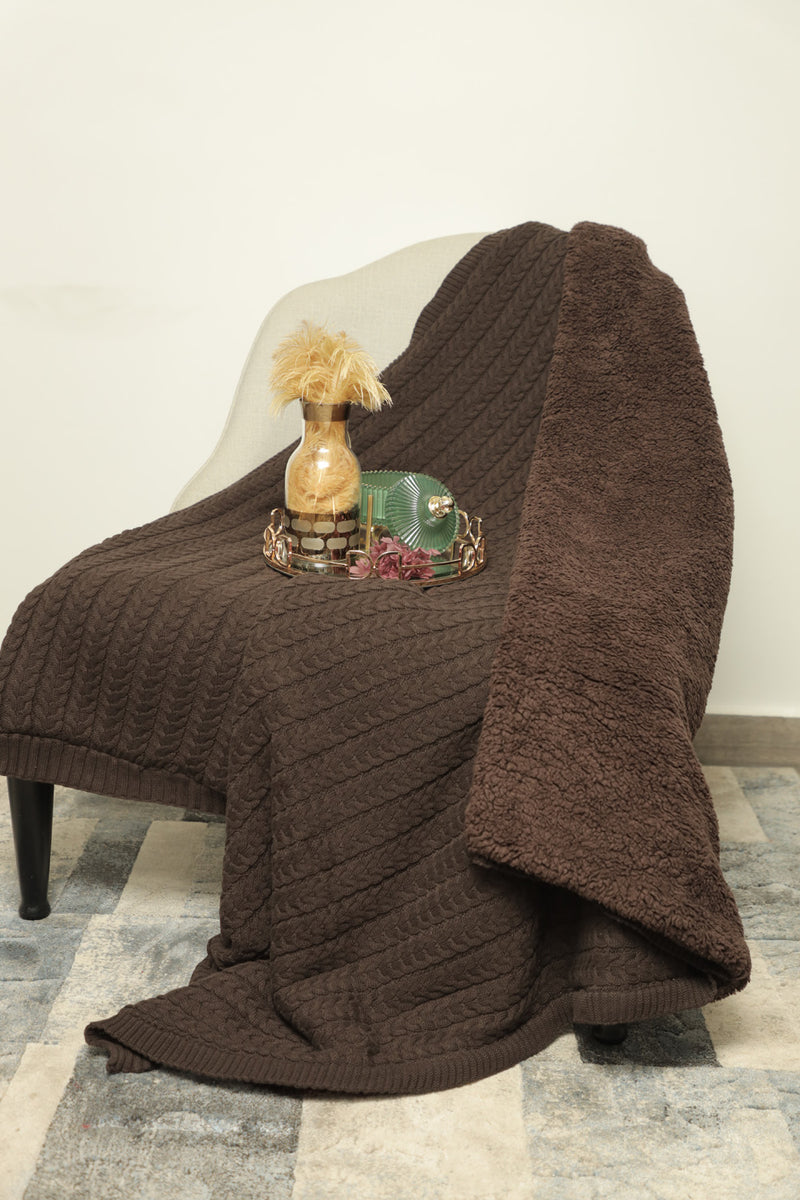 Knitted Brown Throw with Sherpa Back