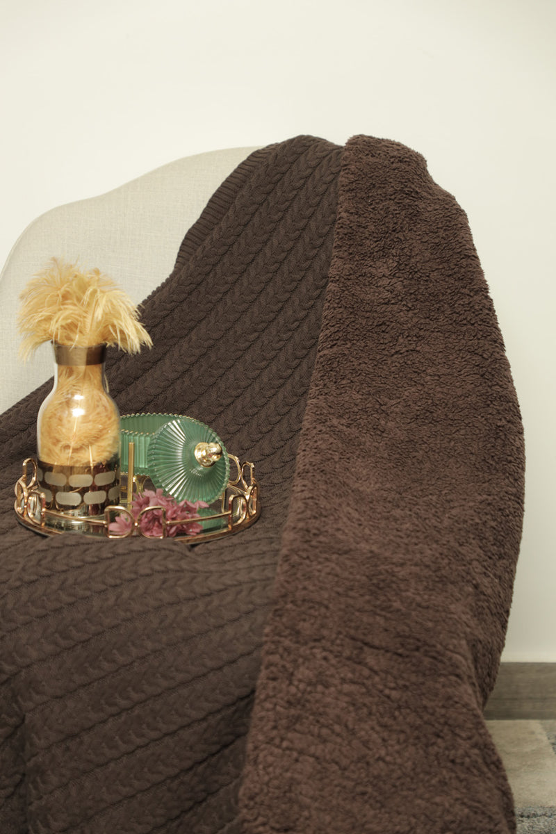 Knitted Brown Throw with Sherpa Back