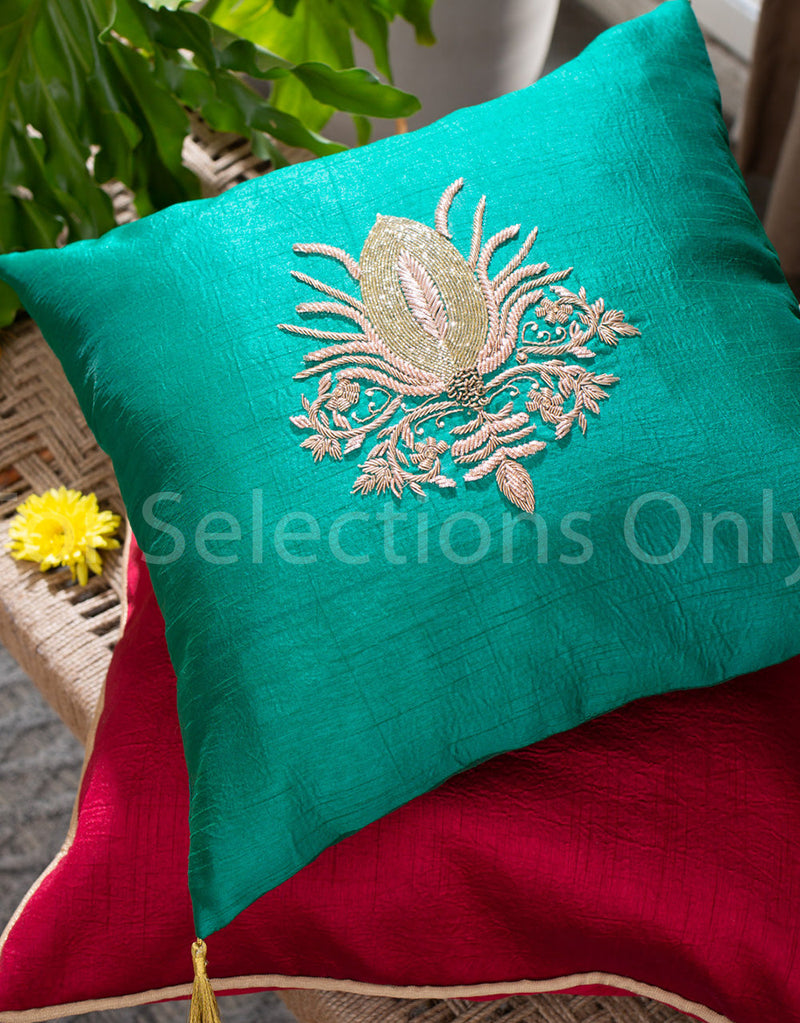 Silk Cushion Cover - Maharaja Emblem - Champagne Green