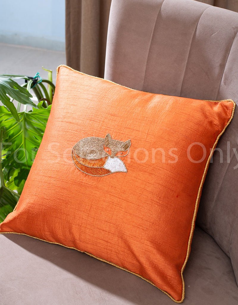 Silk Cushion Cover - Mr Fox in Burnt Orange