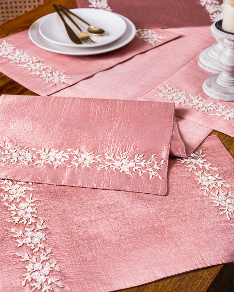 Silk Table Mats - Flowery Pearl in Rose Pink