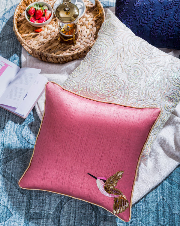 Silk Cushion Cover - Hummingbird - Rose Pink