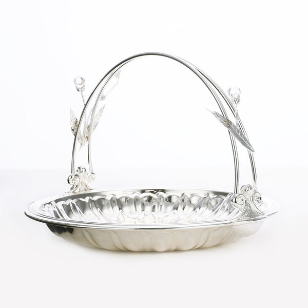 Silver Plated flat round basket with crystal on handle