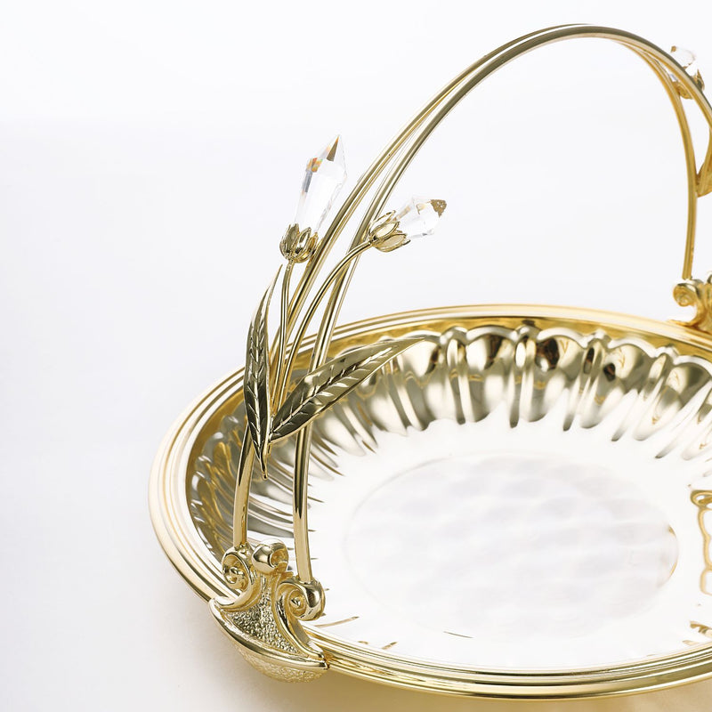 Gold Plated flat round basket with crystal on handle