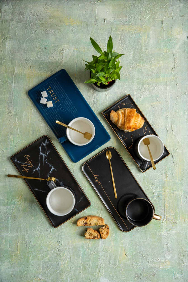 Black and Gold Marble Cup and Plate Set